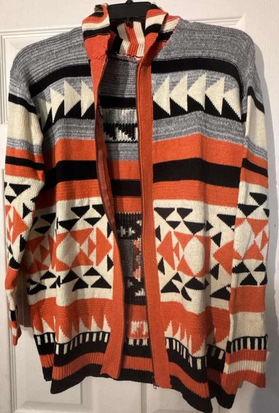 Mens Zip Up Jacquard Knit Geometric Cardigan Sweater Orange Black White XXXL